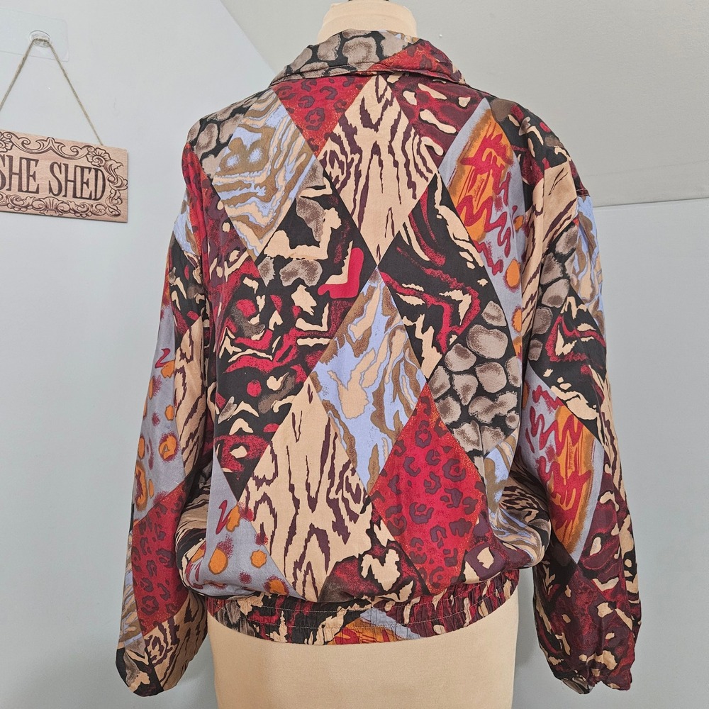 East West Silks Animal Print Patchwork Silk Bomber Jacket Large Red Boho Vintage - Picture 11 of 13